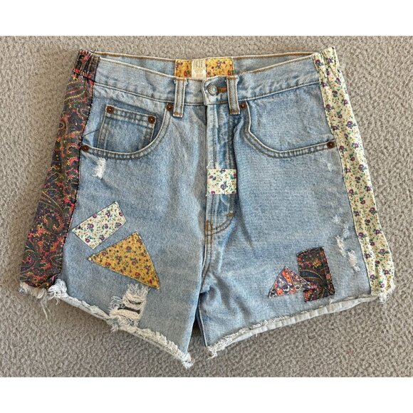 Vintage Beverly Hills Denim Shorts High Waist Patchwork Boho Festival - Picture 1 of 13